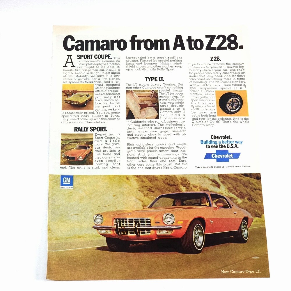 Vintage Chevrolet Camaro From A to Z28 Retro Print Ad 09/73 Car Craft Magazine
